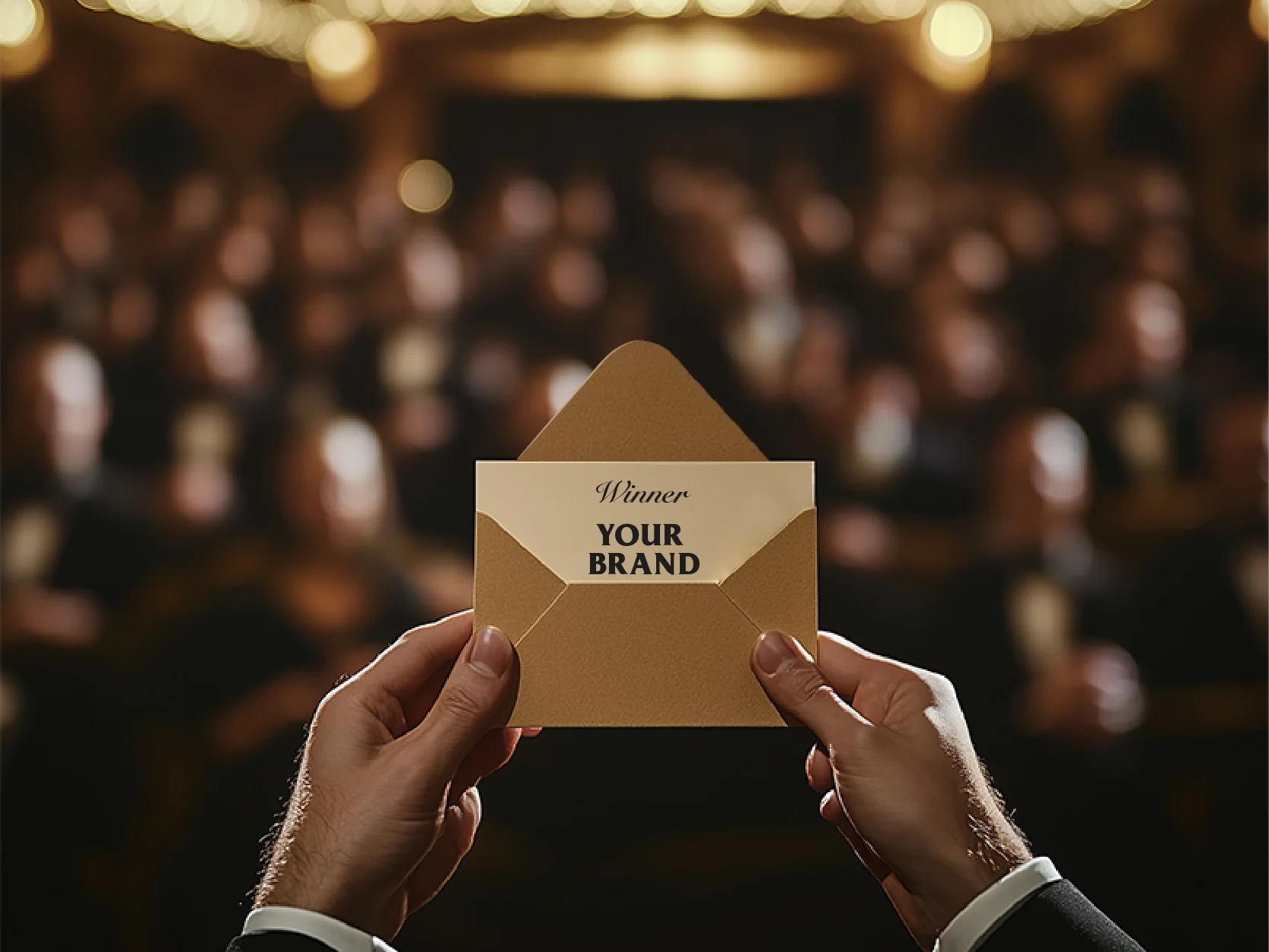 First-person perspective of hands holding an envelope revealing winner of a mock award to be “Your Brand”, with glamorous audience in background